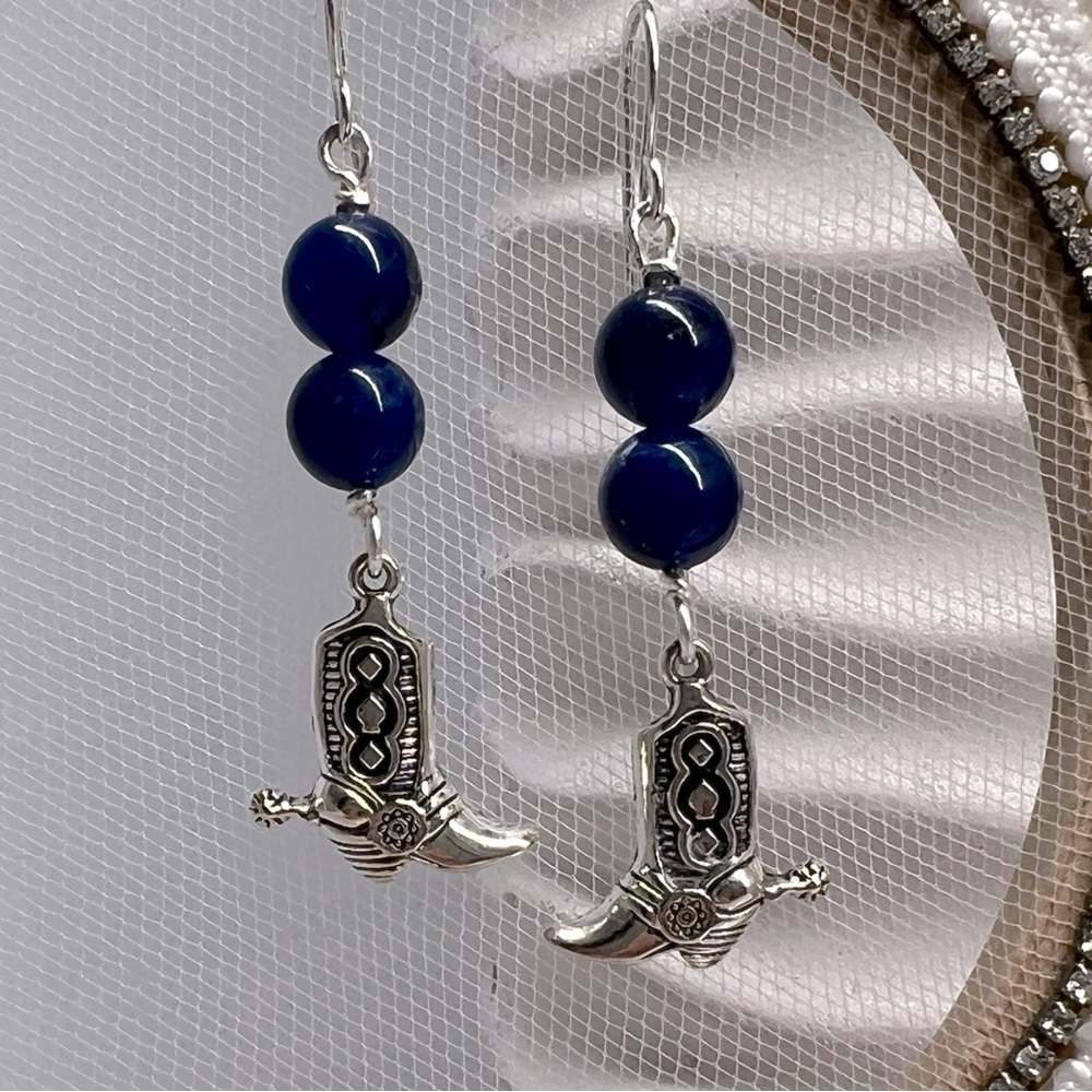 Blue Beaded Dangle Earrings with Silver Plated Cowgirl Boots
